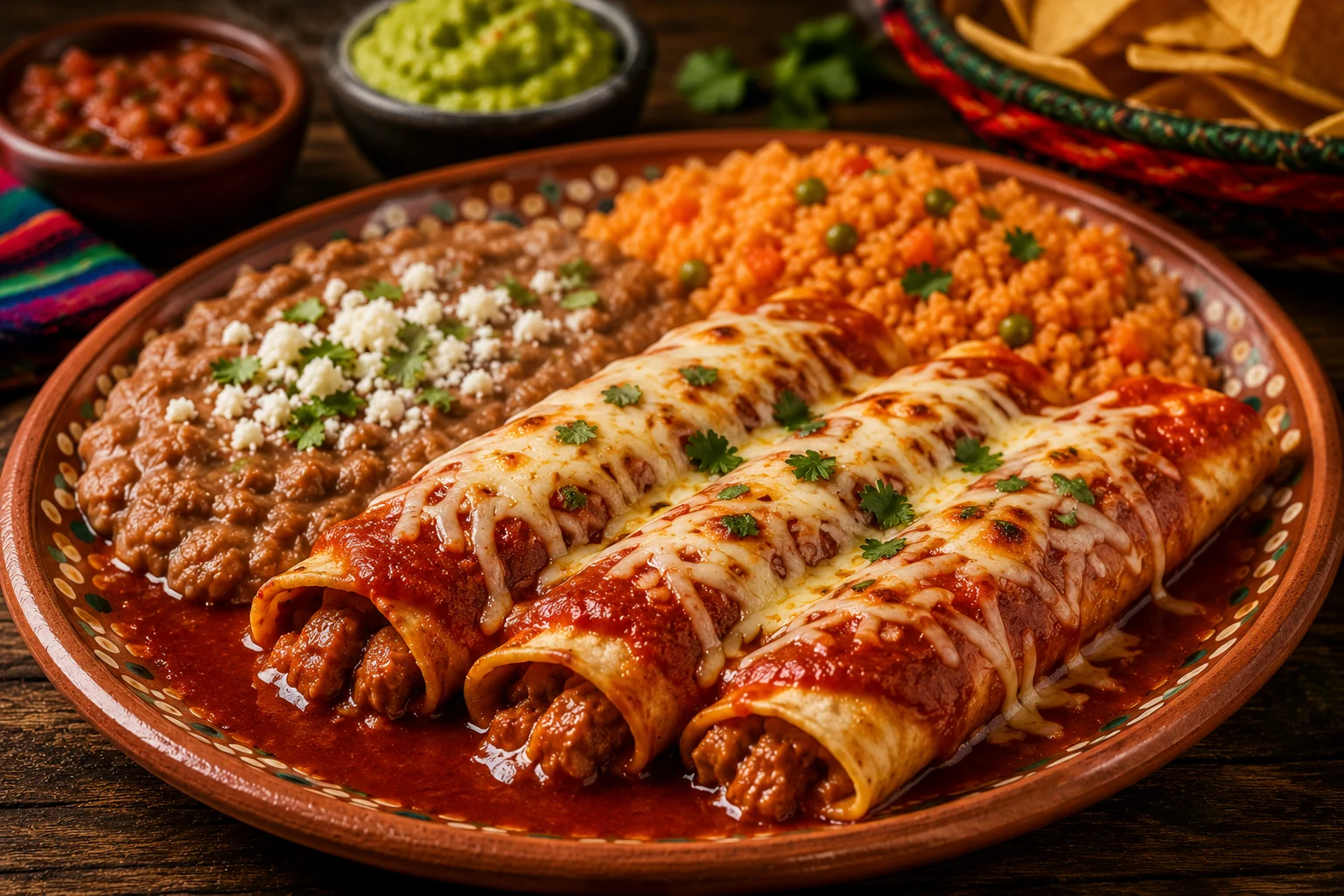 Plate of enchiladas smothered in red sauce and melted cheese with Mexican rice and refried beans
