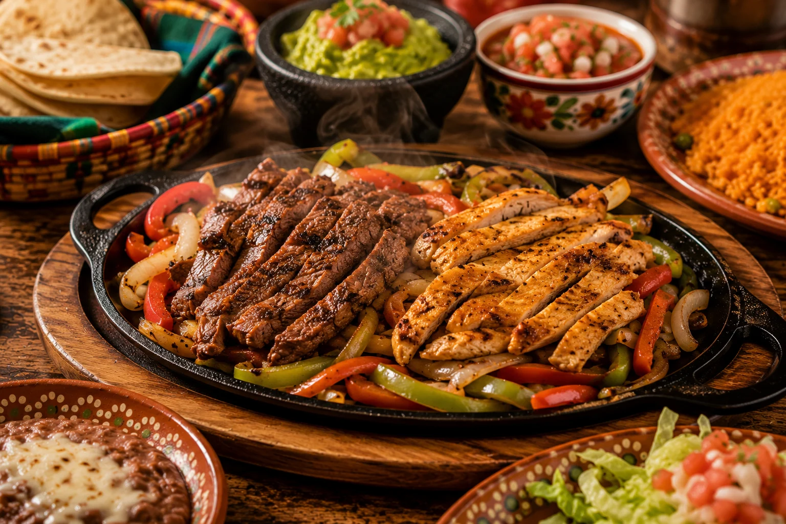 Sizzling skillet of steak and chicken fajitas with grilled peppers and onions, tortillas on the side