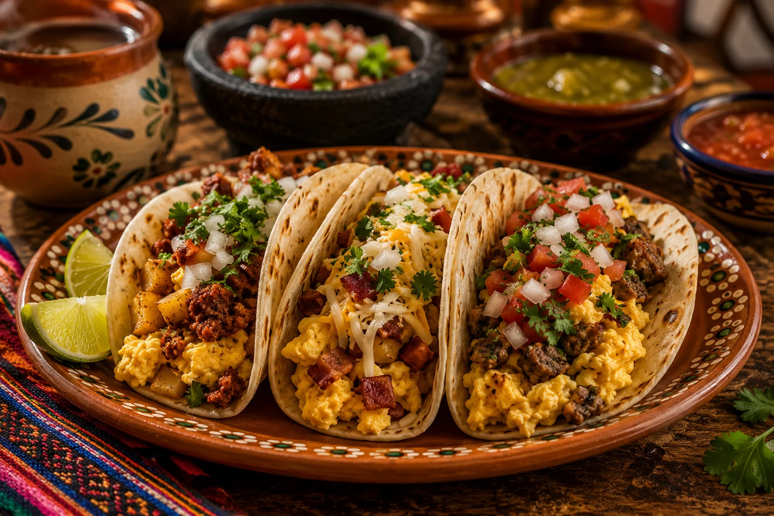 Three breakfast tacos on flour tortillas filled with egg, potato and chorizo, served with salsa