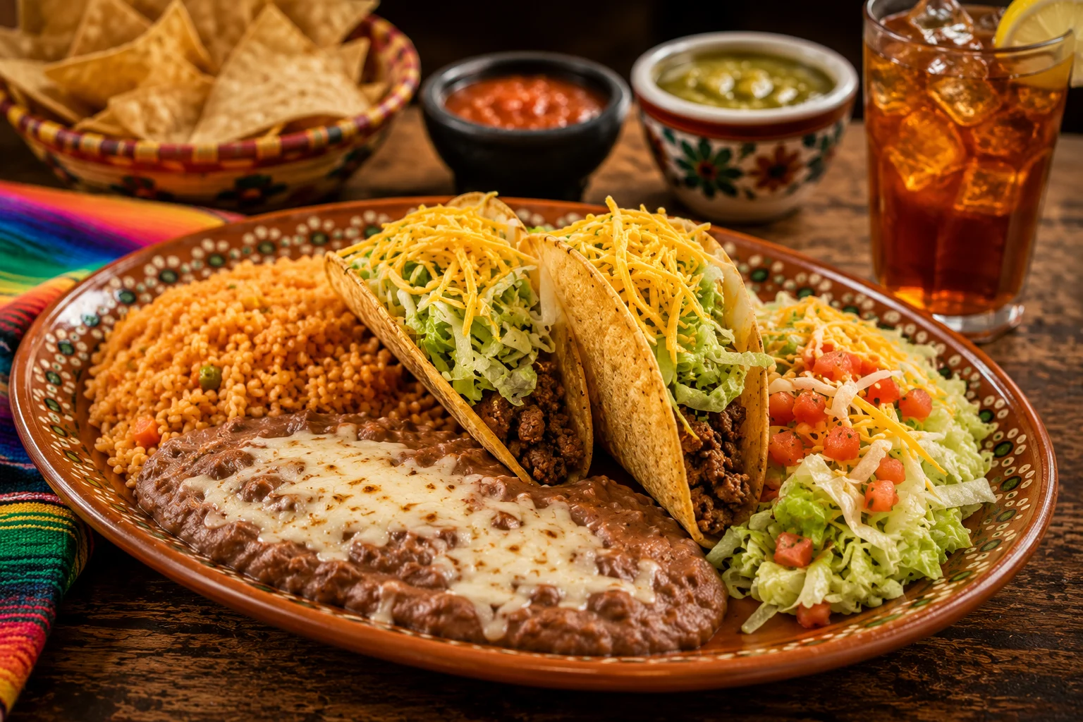 Number 4 crispy taco plate with two crispy beef tacos, Mexican rice, refried beans, fresh salad and a glass of iced tea