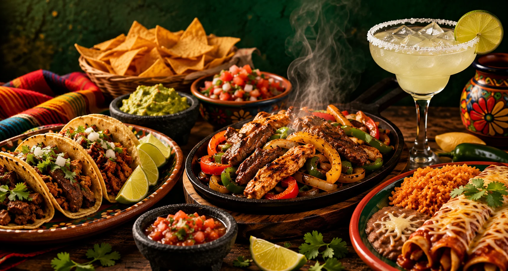 A generous spread of Mexican plates with tacos, fajitas, rice, beans and fresh sides