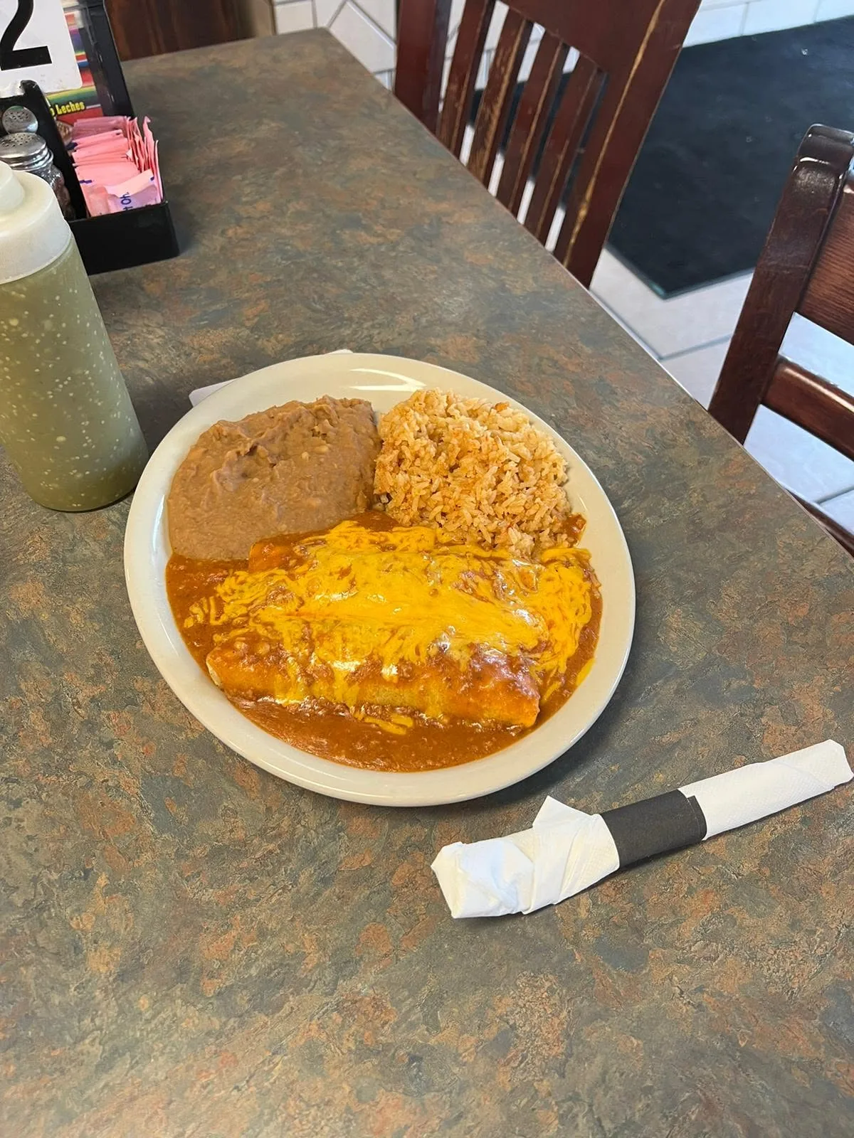 Cheese enchiladas with rice and beans served at Taqueria El Tapatio