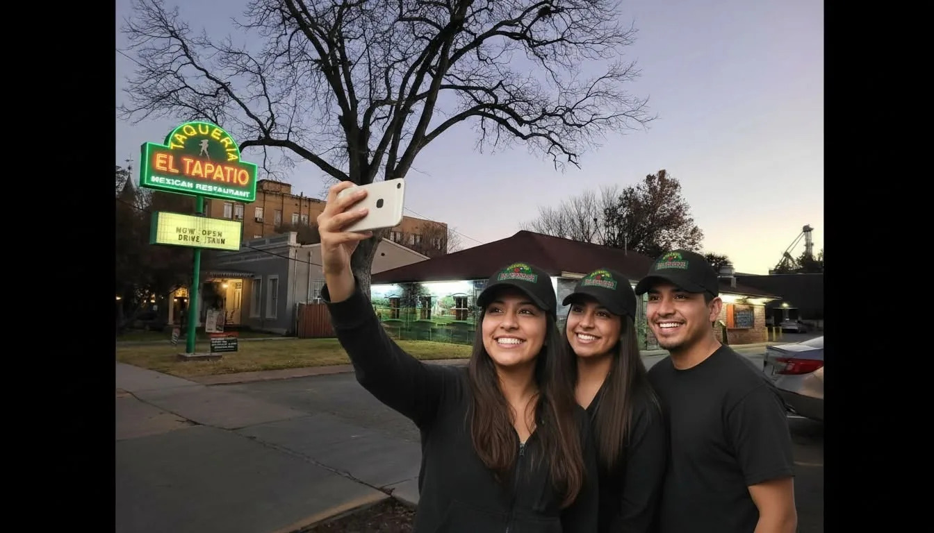 Friends taking a selfie outside Taqueria El Tapatio in New Braunfels